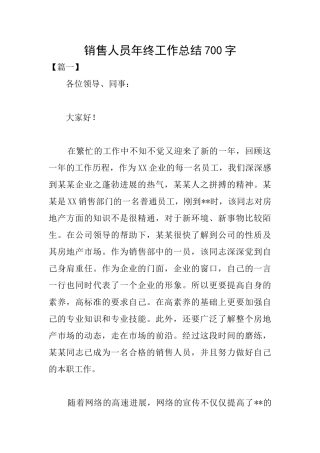 销售人员年终工作总结700字