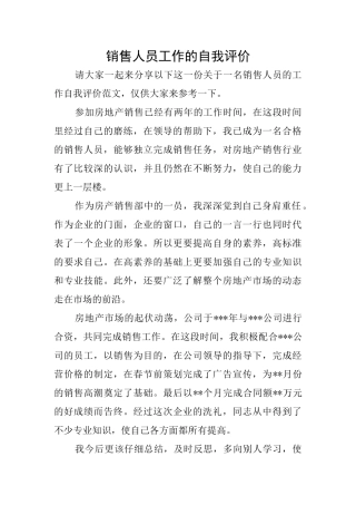 销售人员工作的自我评价