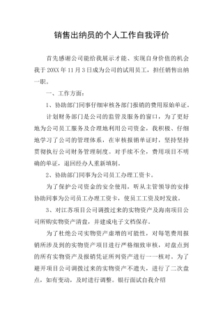 销售出纳员的个人工作自我评价