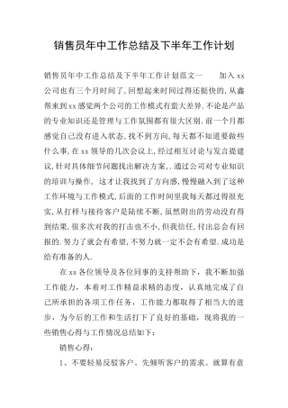 销售员年中工作总结及下半年工作计划