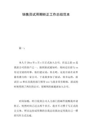销售员试用期转正工作总结范本
