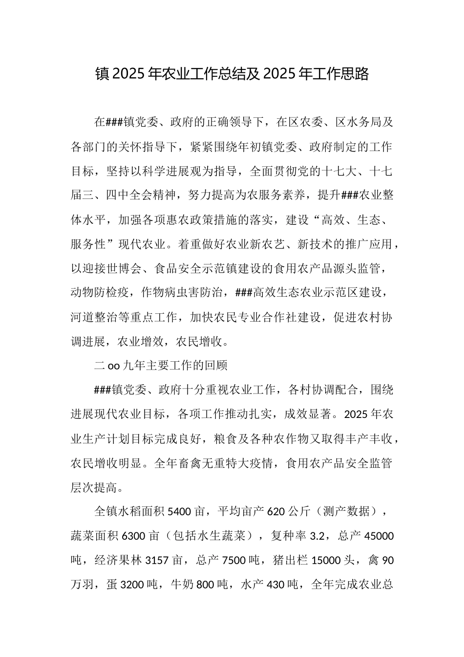 镇2025年农业工作总结及2025年工作思路_第1页