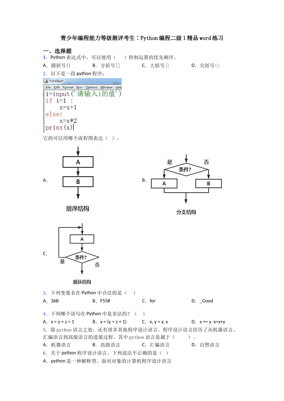 青少年编程能力等级测评考生∶Python编程二级1精品word练习_第1页