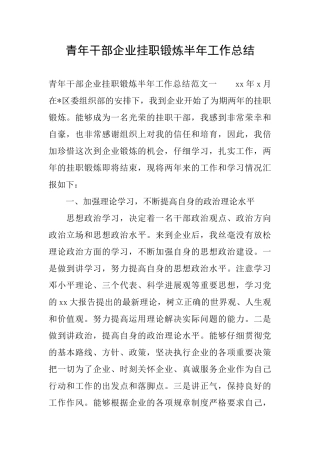 青年干部企业挂职锻炼半年工作总结