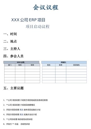 项目启动会议议程通用模板word格式文档模板
