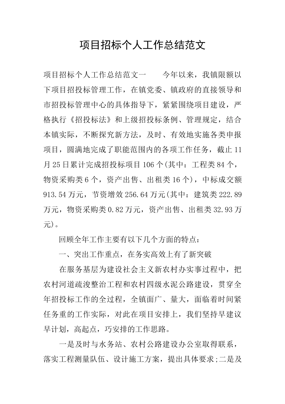 项目招标个人工作总结范文_第1页