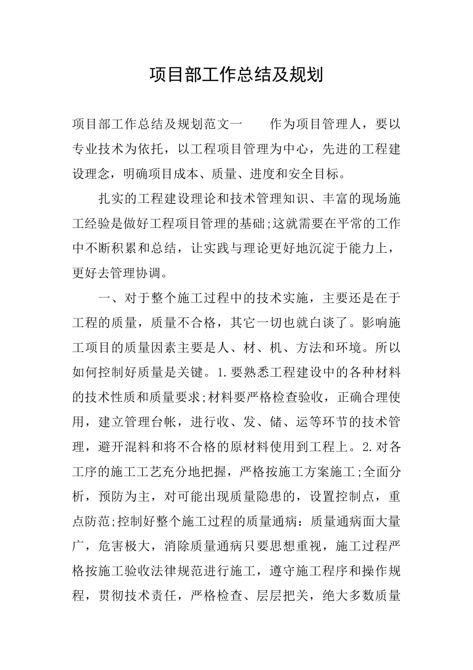 项目部工作总结及规划_第1页