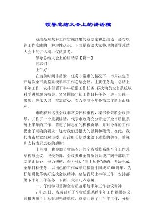 领导总结大会上的讲话稿