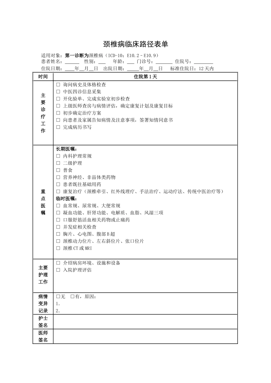 颈椎病临床路径模板_第1页