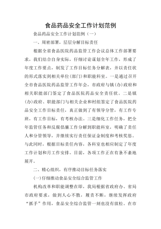 食品药品安全工作计划范例