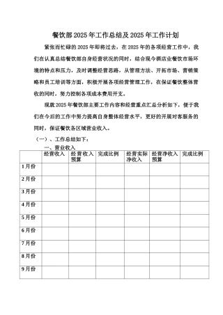 餐饮部2025年工作总结及2025年工作计划