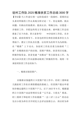 驻村工作队2025精准扶贫工作总结3000字