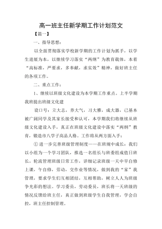 高一班主任新学期工作计划范文