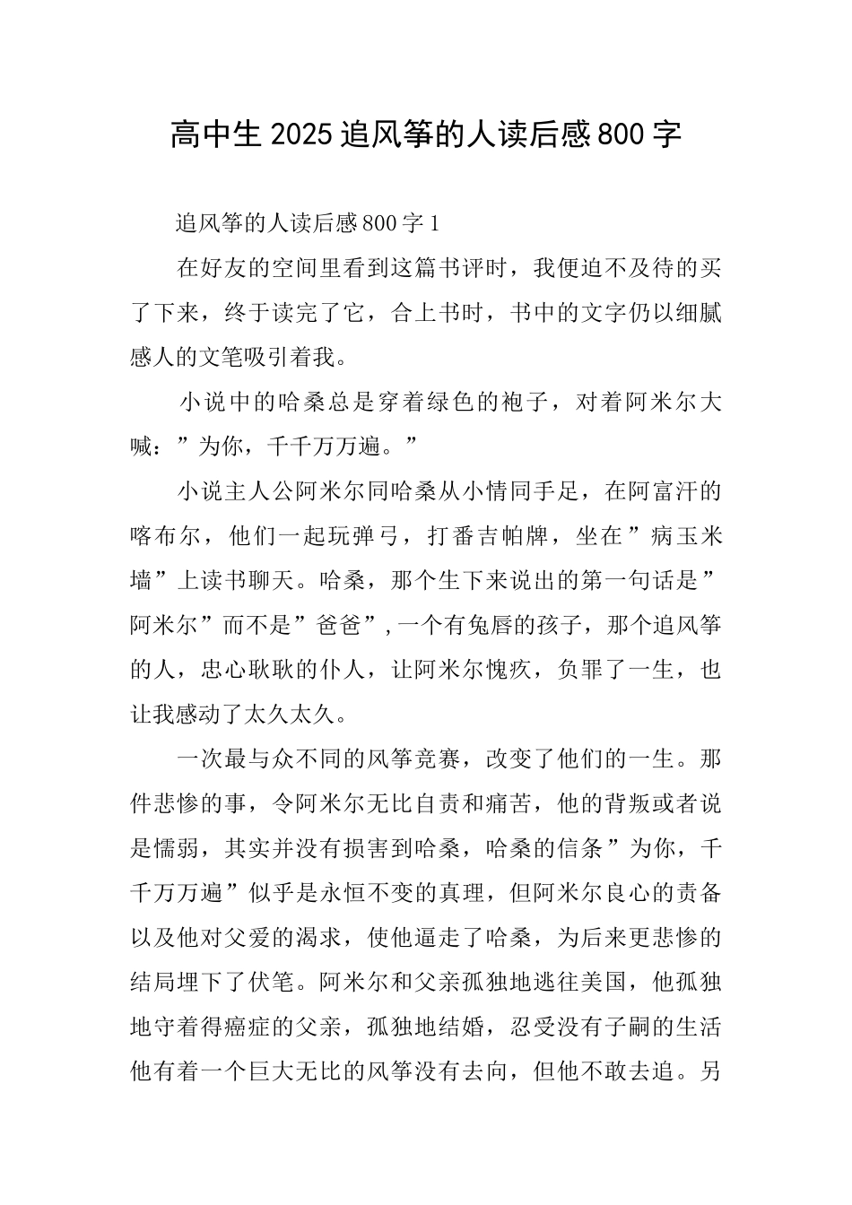 高中生2025追风筝的人读后感800字_第1页