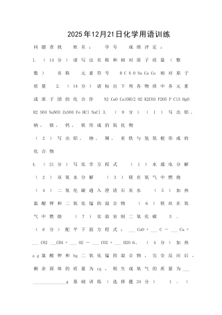 12月九年级上册化学用语训练试题