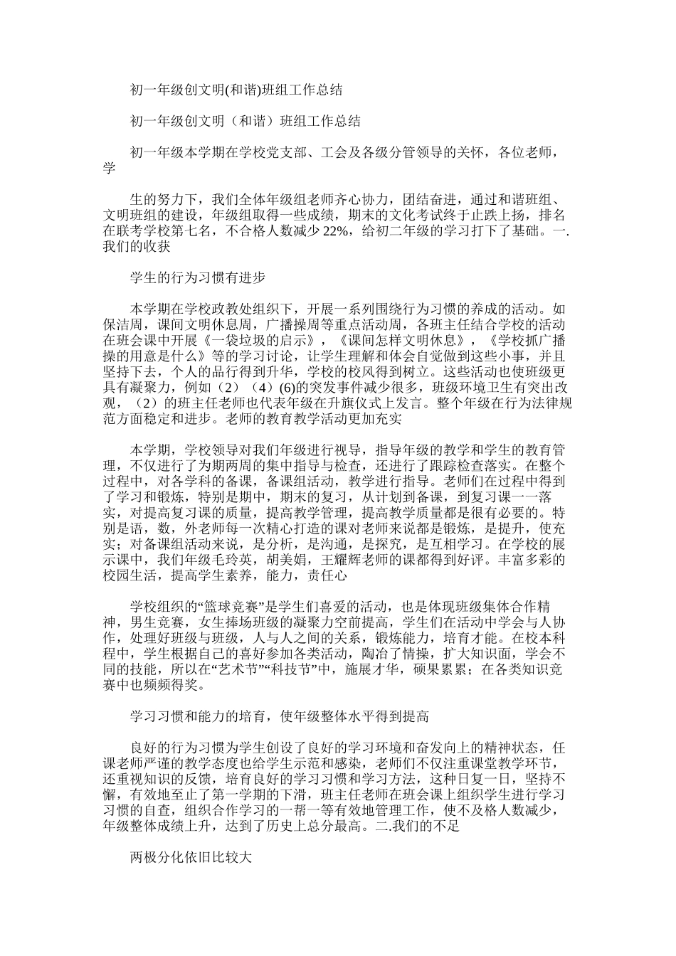 2025年初一年级创文明班组工作总结_第1页