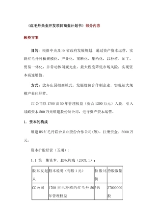 《红毛丹果业开发项目商业计划书》部分内容  融资方案