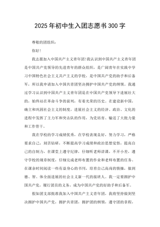 2025年初中生入团志愿书300字