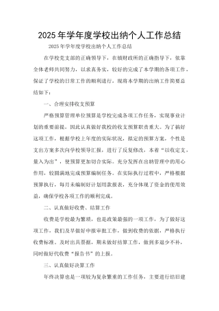 2025年学年度学校出纳个人工作总结