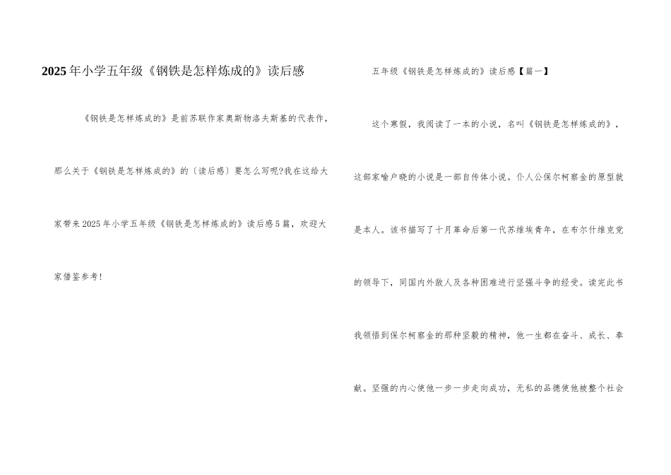2025年小学五年级《钢铁是怎样炼成的》读后感_第1页