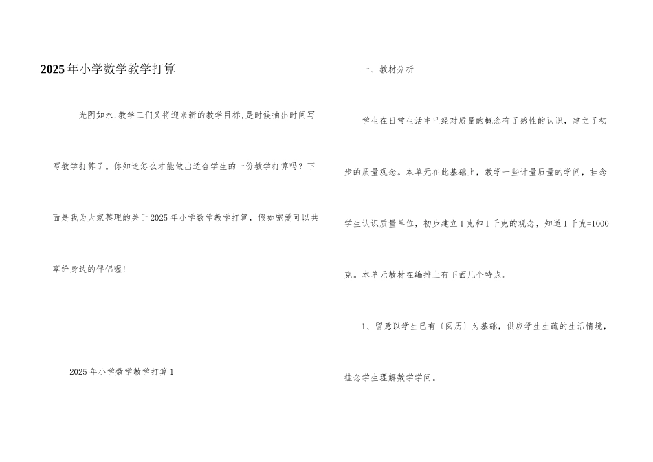 2025年小学数学教学计划_第1页