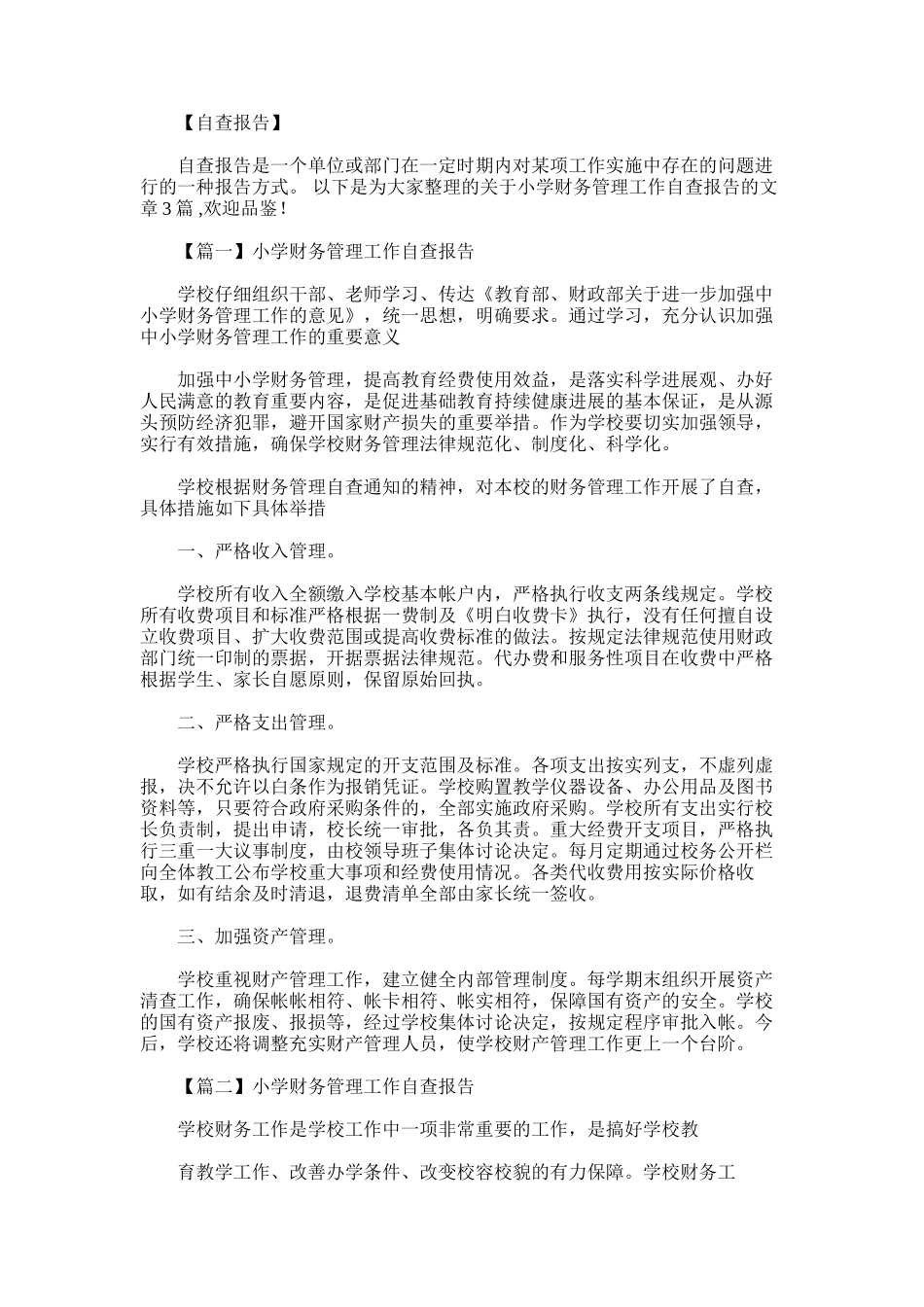2025年小学财务管理工作自查报告3篇_第1页