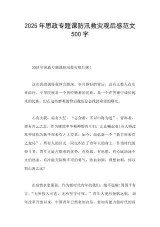 2025年思政专题课防汛救灾观后感范文500字