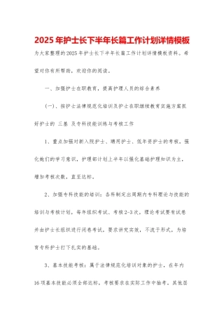 2025年护士长下半年长篇工作计划详情模板