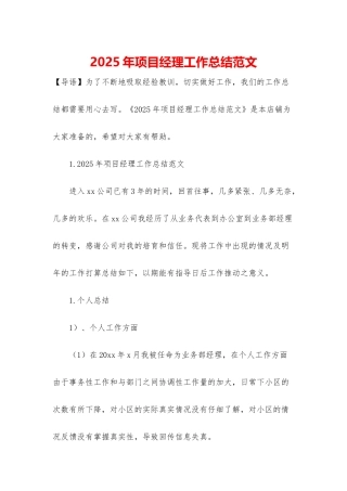 2025年项目经理工作总结范文