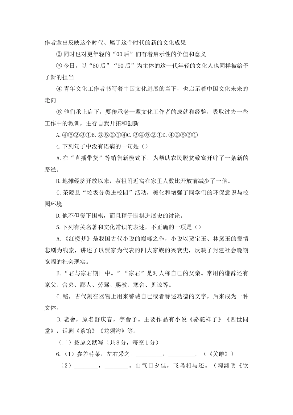 2025湖南茶陵中考模拟语文试题_第2页