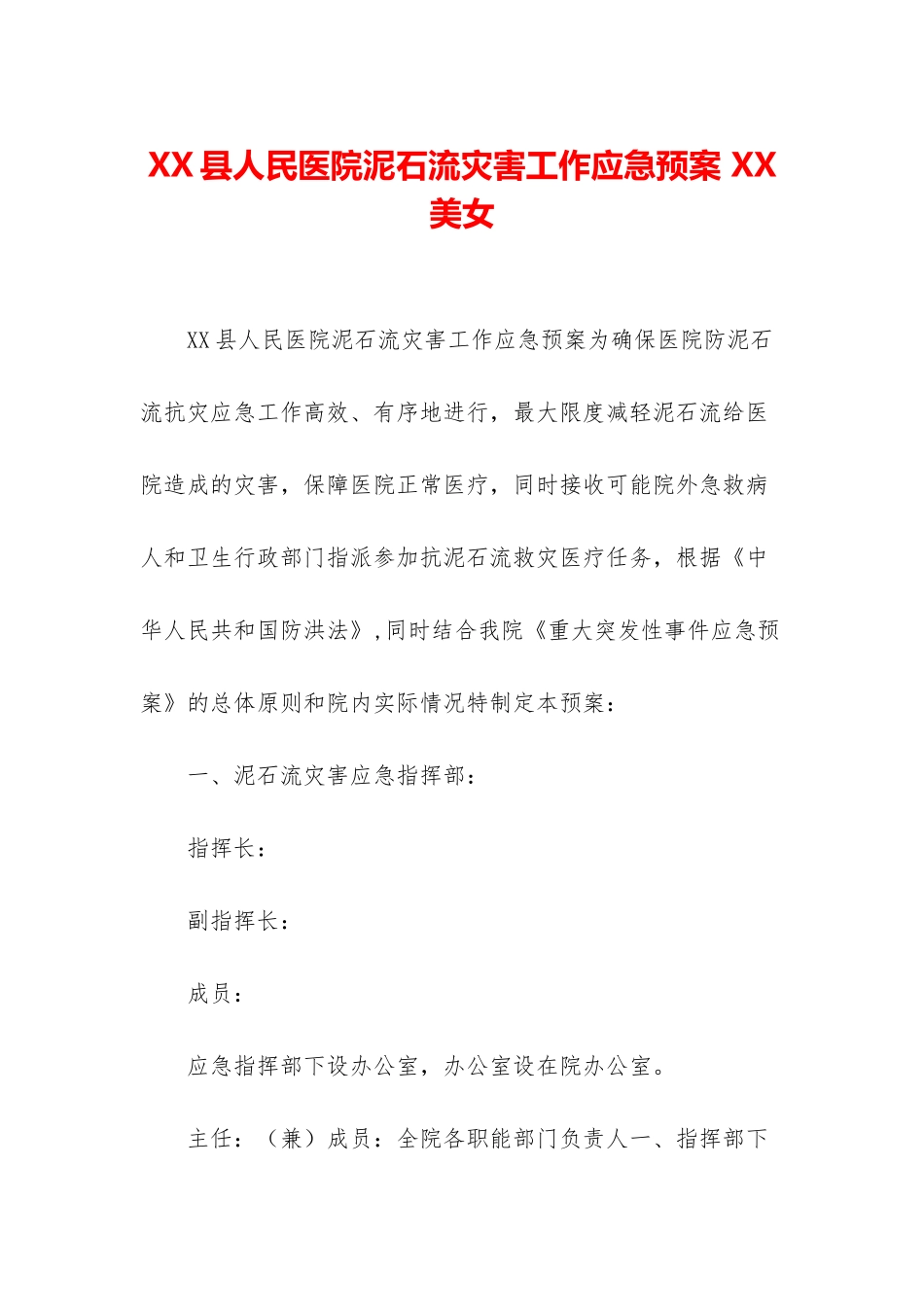 XX县人民医院泥石流灾害工作应急预案-XX美女_第1页