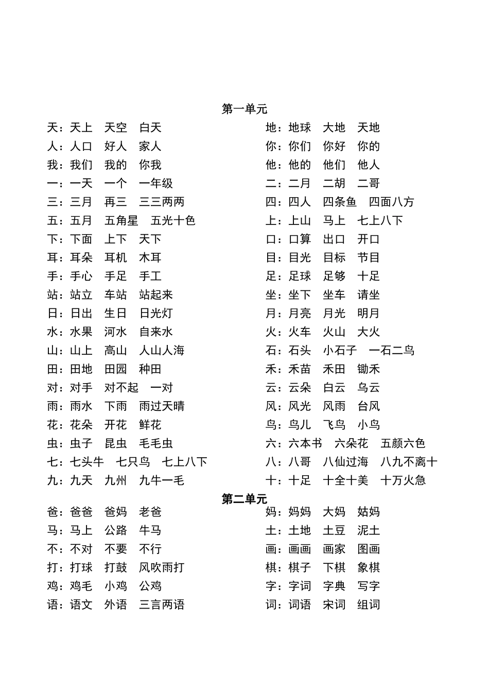 一年级上册词语汇总_第1页
