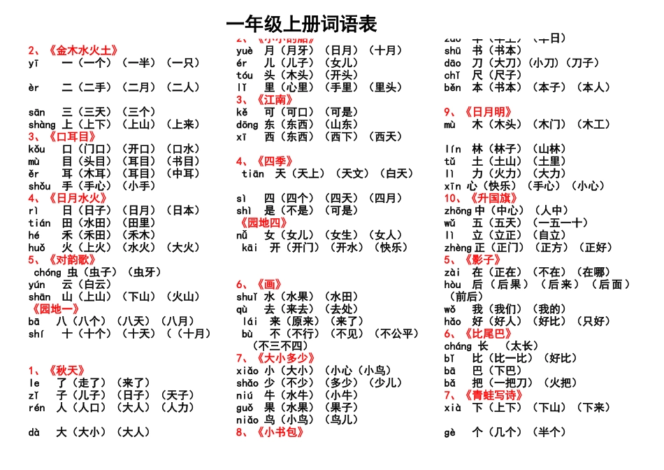 一年级上册词语表_第1页