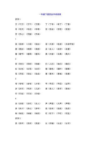 一年级下册四会字词语表