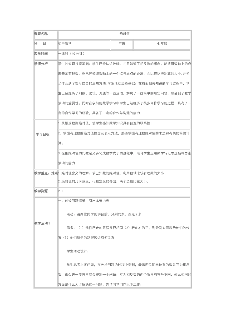 七年级《绝对值》教学设计_第1页