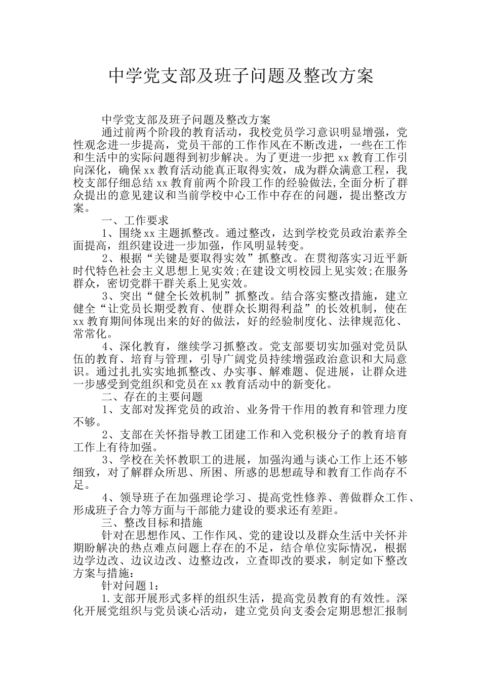 中学党支部及班子问题及整改方案_第1页