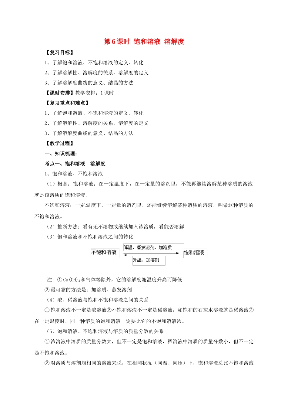 中考化学一轮复习-时-饱和溶液-溶解度教案_第1页