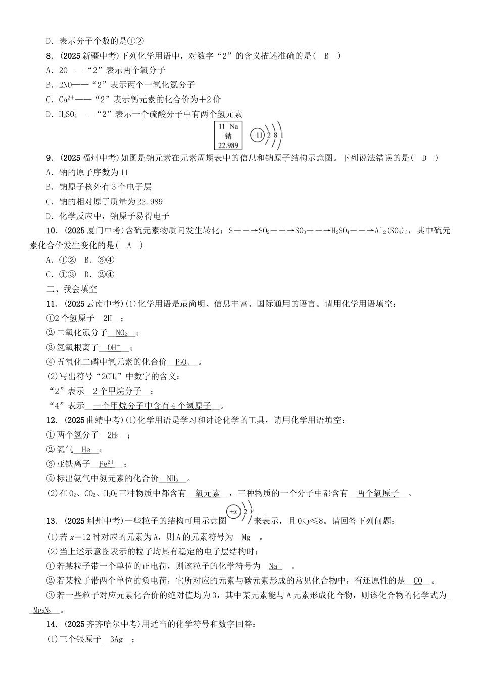 中考化学命题研究-化学用语专项训练2_第2页
