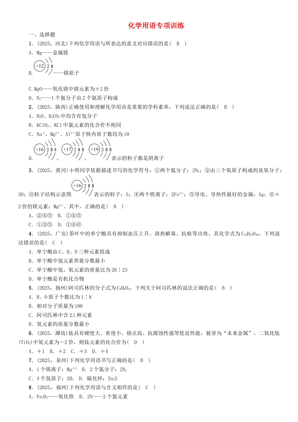 中考化学命题研究-化学用语专项训练1_第1页