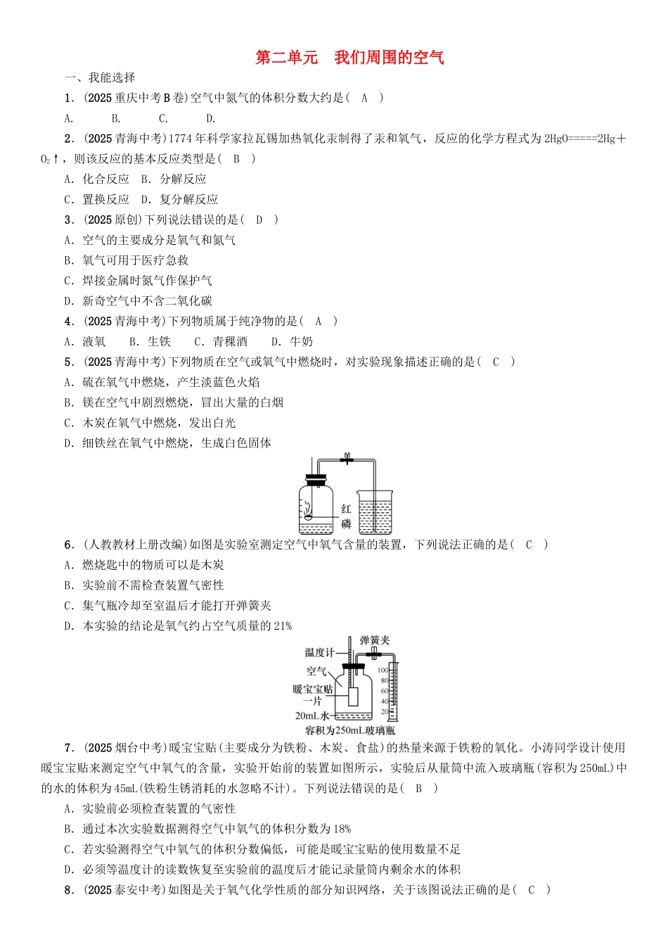 中考化学命题研究-第一编-教材知识梳理篇--我们周围的空气精练试题1_第1页