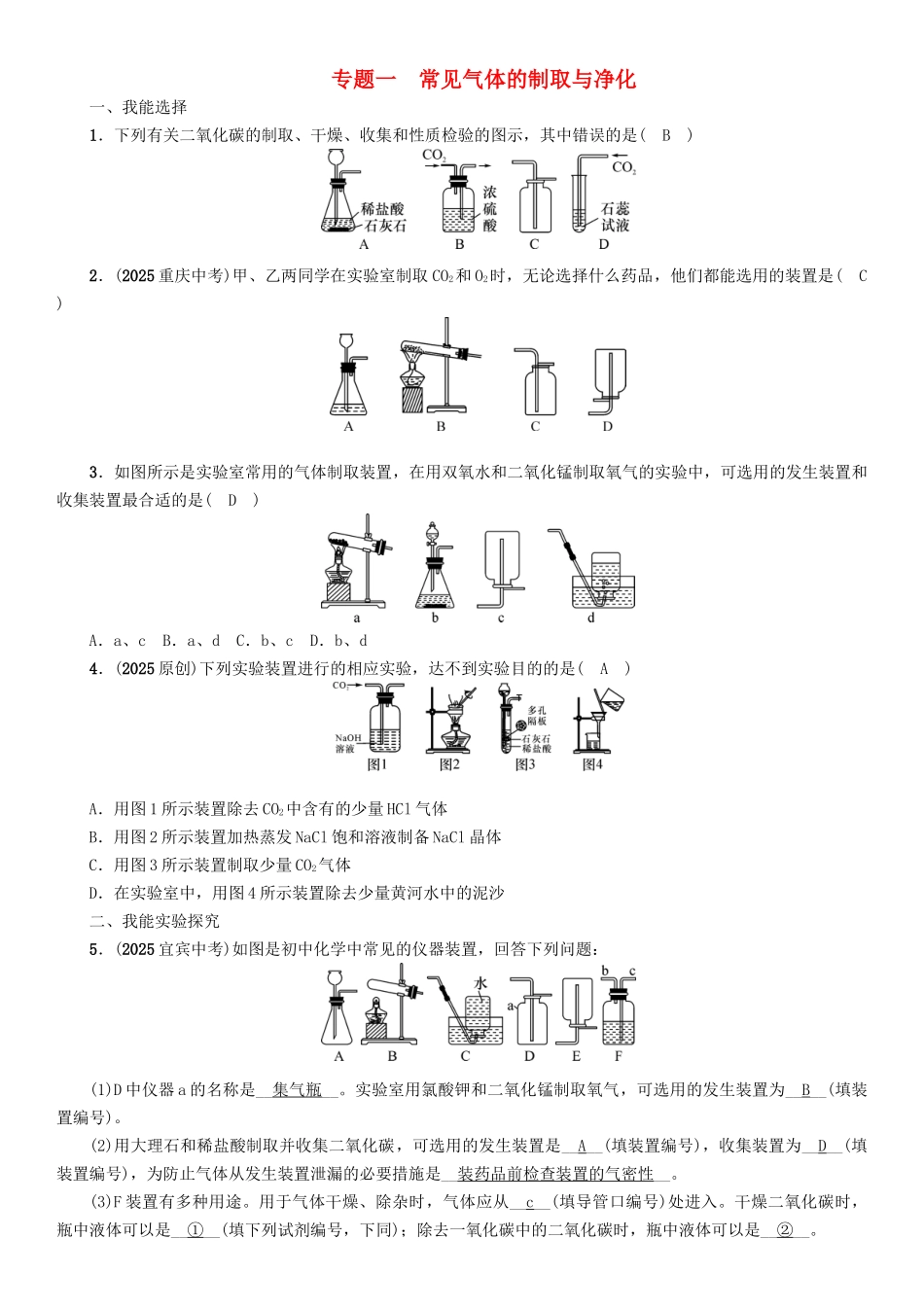 中考化学命题研究-第二编-重点题型突破篇-专题一-常见气体的制取与净化精练试题_第1页
