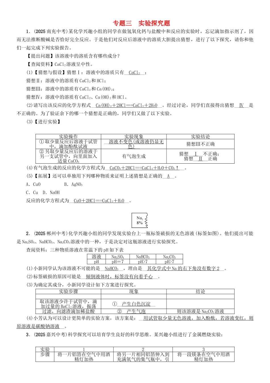 中考化学命题研究-第二编-重点题型突破篇-专题三-实验探究题精练试题_第1页