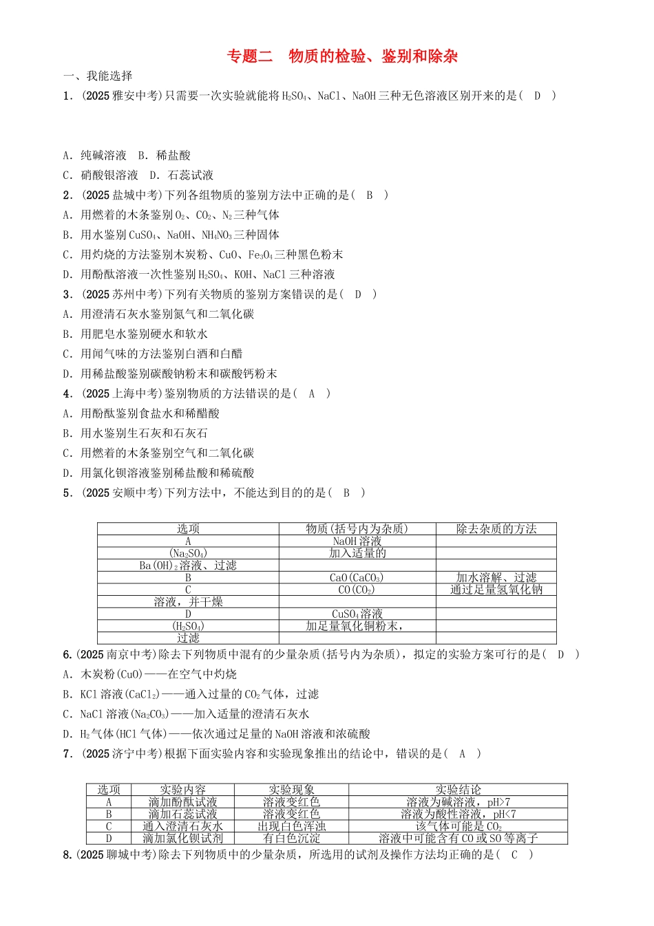 中考化学命题研究-第二编-重点题型突破篇-专题二-物质的检验鉴别和除杂精练试题_第1页