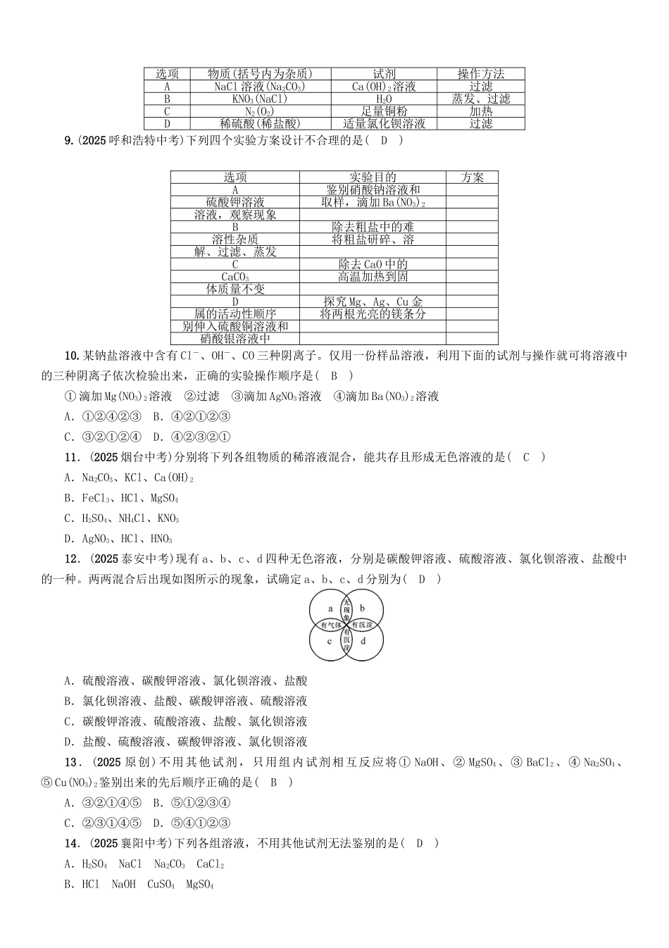中考化学命题研究-第二编-重点题型突破篇-专题二-物质的检验鉴别和除杂精练试题_第2页