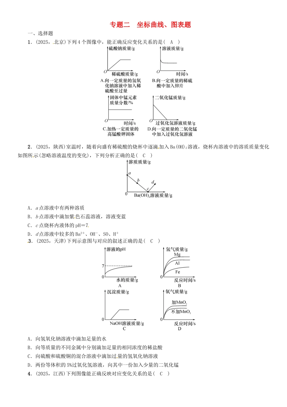 中考化学命题研究-第二编-重点题型突破篇-专题二-坐标曲线图表题精练试题_第1页