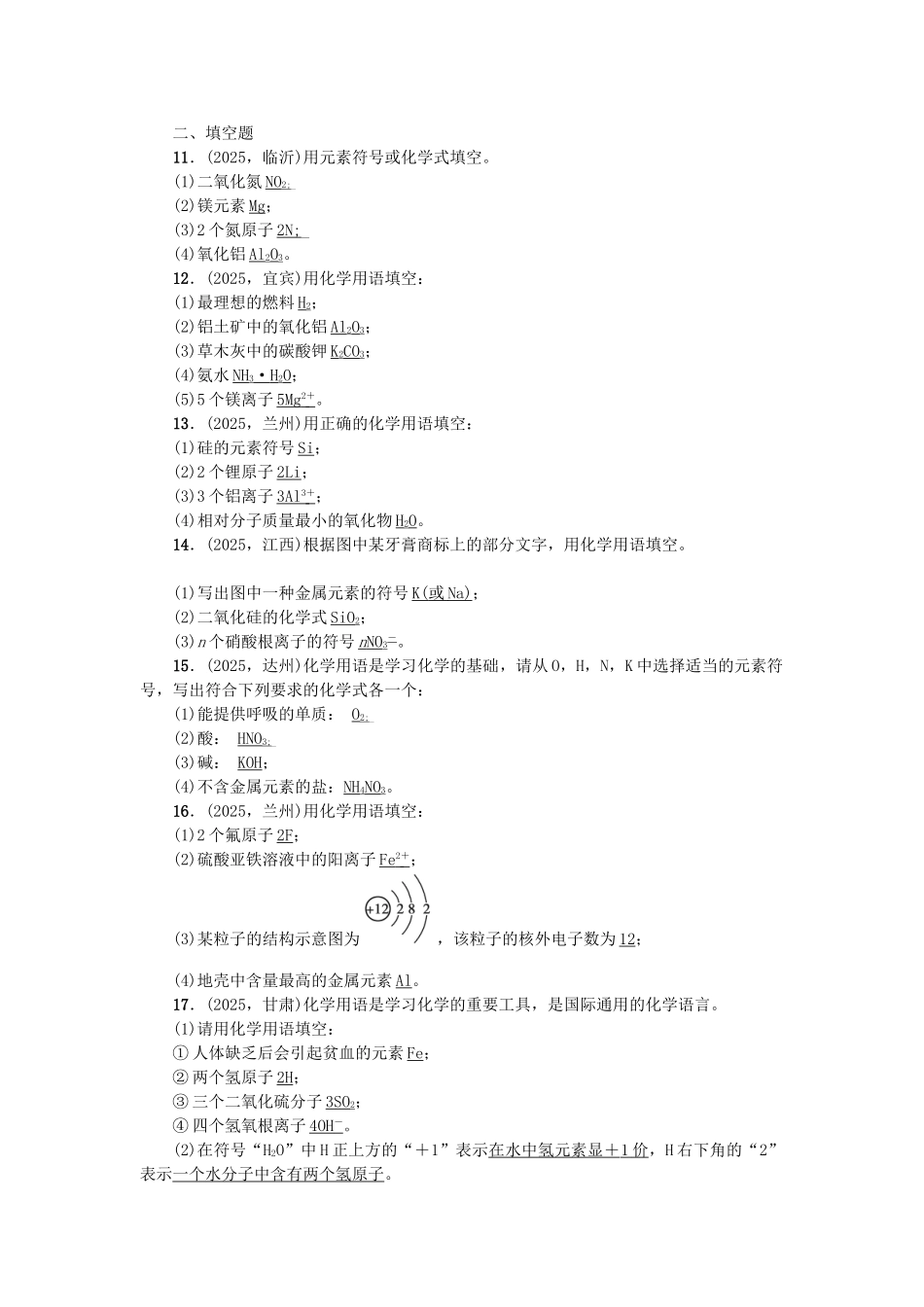 中考化学总复习-专题训练-专题一-化学用语试题_第2页