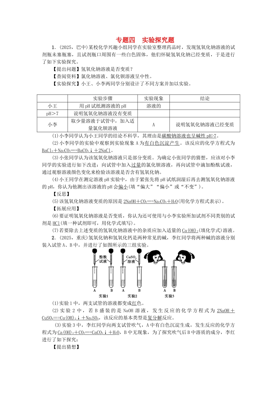 中考化学总复习-专题训练-专题四-实验探究题试题_第1页