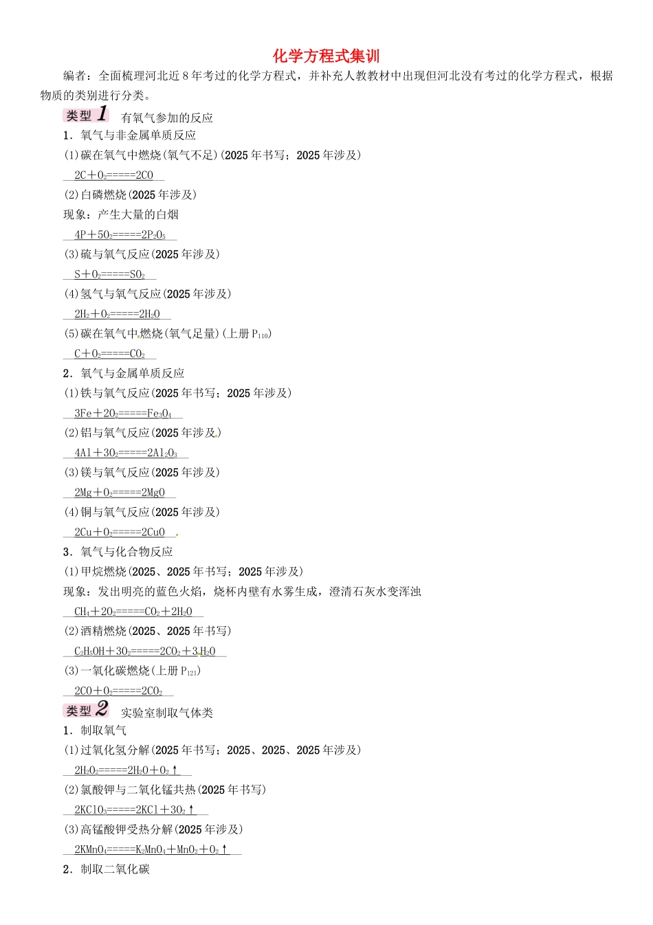 中考化学总复习-化学方程式集训试题1_第1页