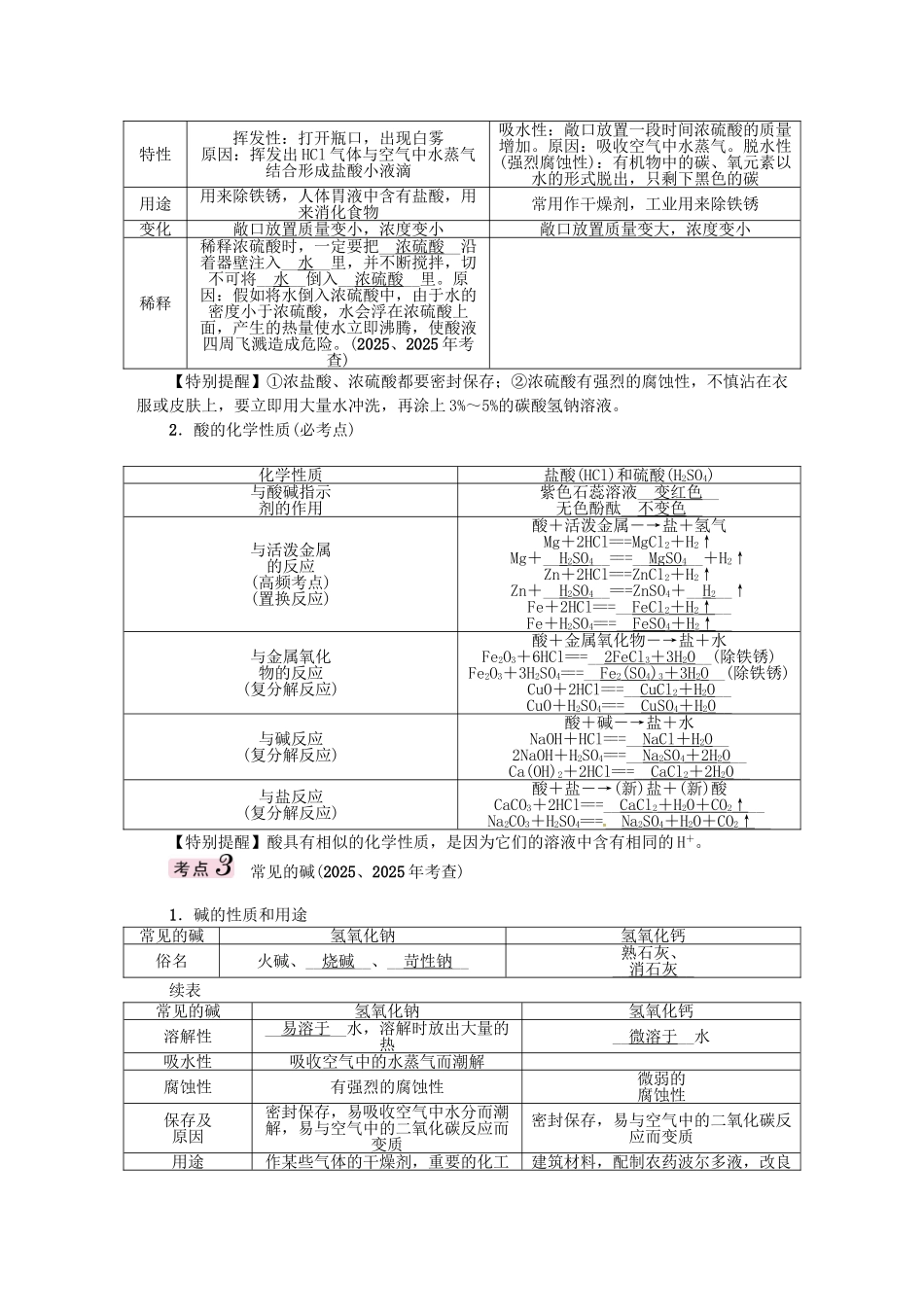 中考化学总复习-模块一-身边的化学物质-课时7-常见的酸和碱试题1_第3页
