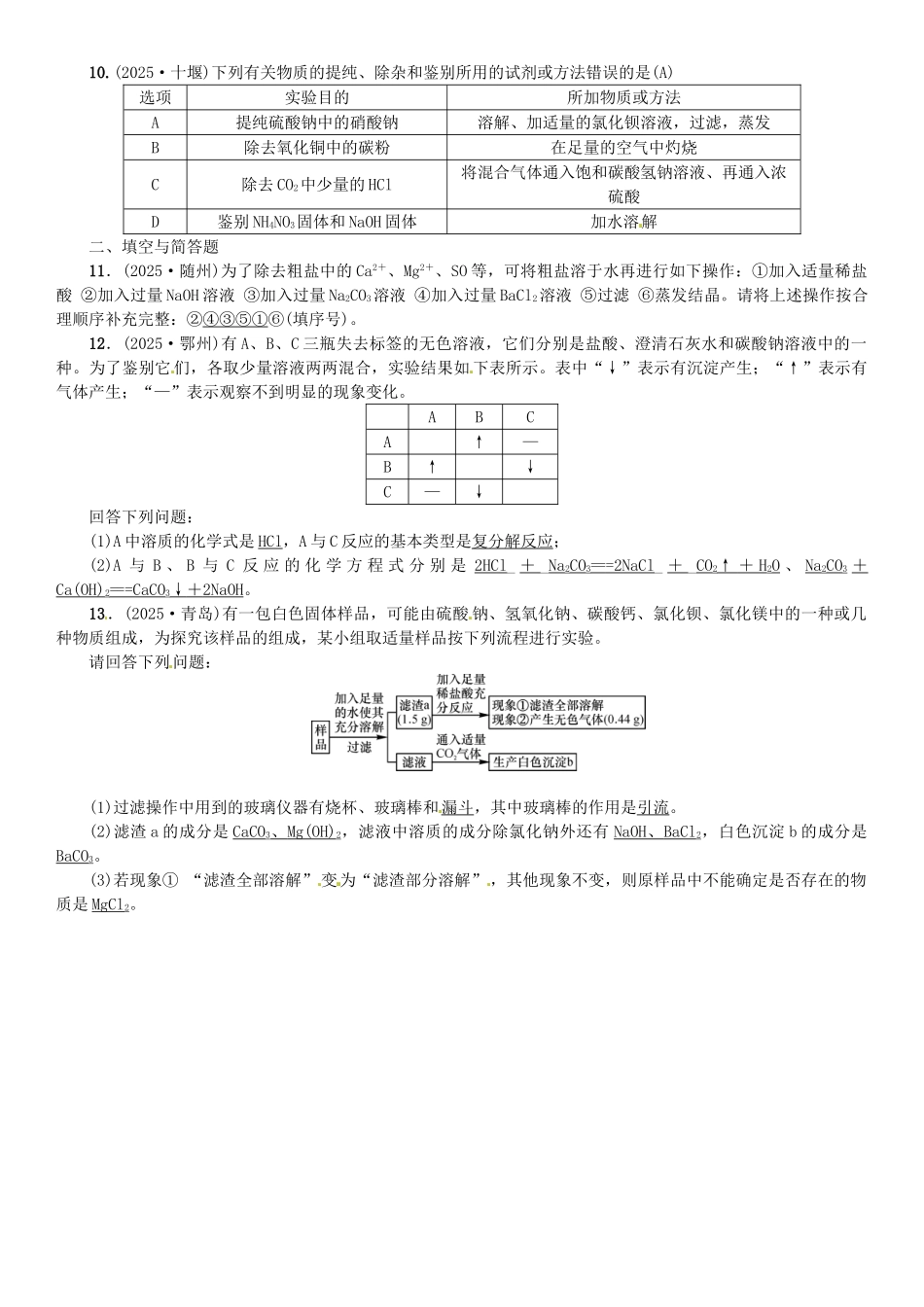 中考化学总复习-滚动小专题六物质的检验鉴别共存与除杂试题1_第2页